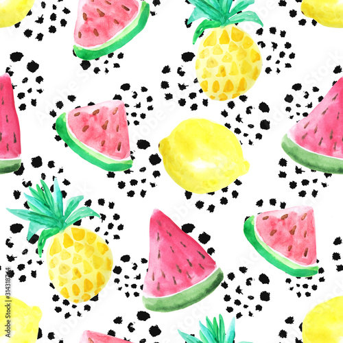 Fototapeta Naklejka Na Ścianę i Meble -  Seamless pattern with  watercolor pineapple and lemon