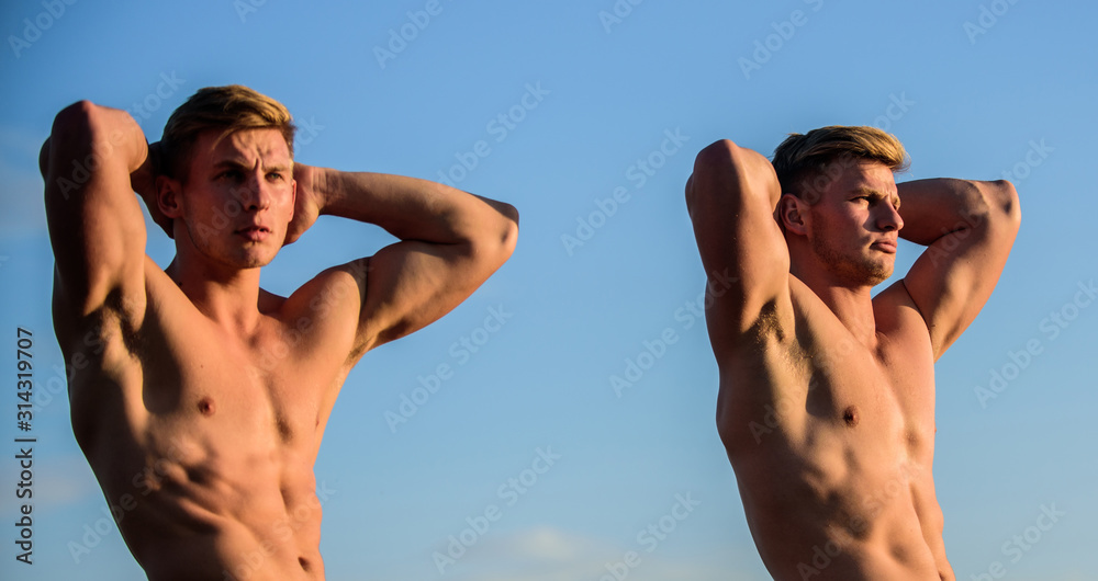 outdoor sport activity. Success is getting what you want. Promotion of health. In love with sport. sunrise morning workout outdoor. twins training together. twins muscular men. athletic man sexy body outdoor sport activity. Success is getting what you want. Promotion of health. In love with sport. sunrise morning workout outdoor. twins training together. twins muscular men. athletic man sexy body