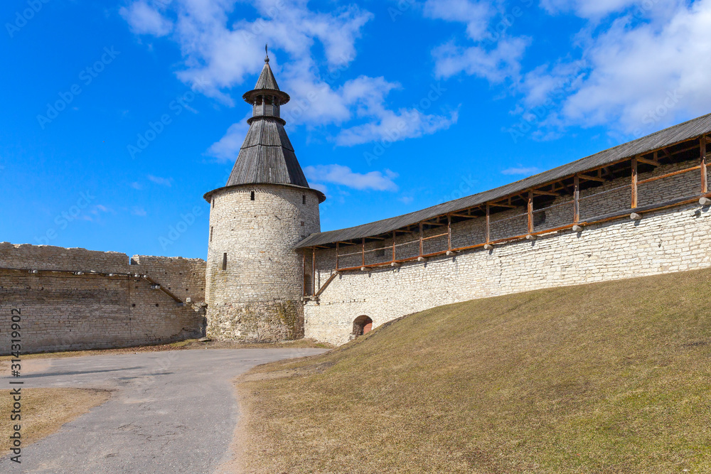 Panorama of the medieval fortress and Holy Trinity Cathedral. There is a Sunny day in early spring. Pskov, Russia. Panorama of the medieval fortress and Holy Trinity Cathedral. There is a Sunny day in early spring. Pskov, Russia.