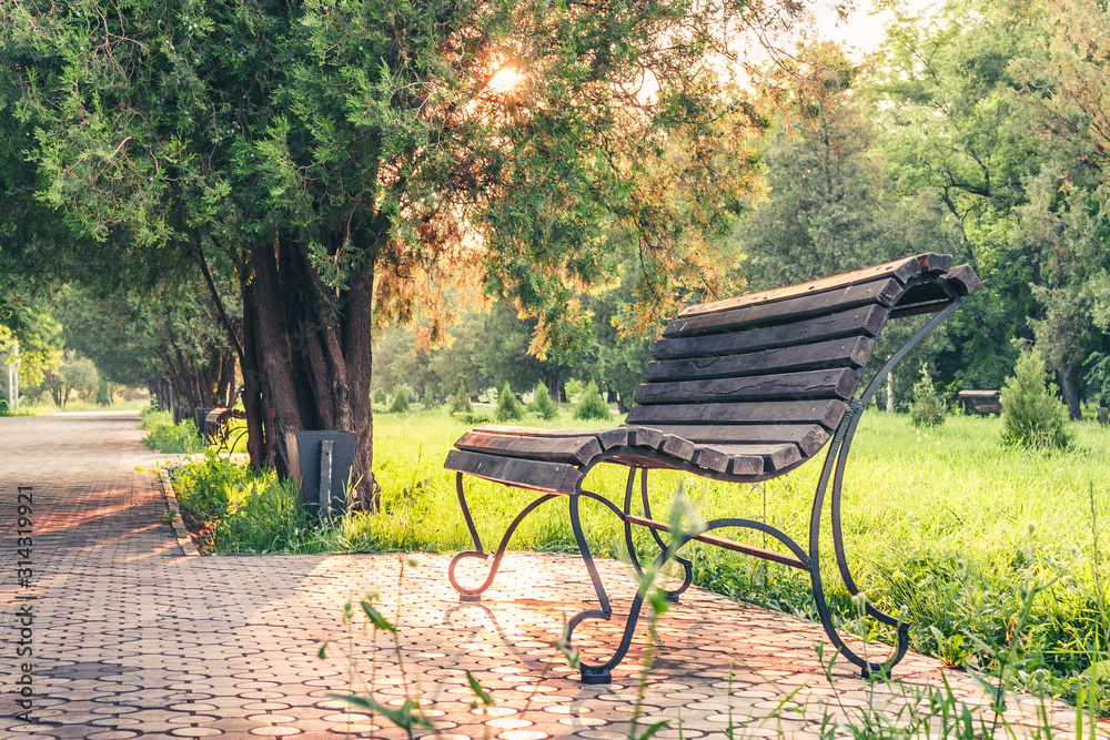 Park Bench at Sunset in the sity