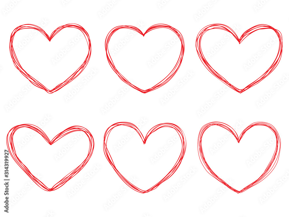 vector collection of red hand-drawn hearts on white background