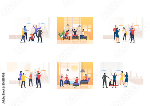 Set of people blaming mate. Flat vector illustrations of friends chatting or pointing at colleague. Communication, aggression concept for banner, website design or landing web page