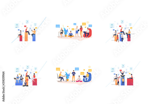 Set of people working in coworking office. Flat vector illustrations of men and women chatting and using devices. Communication for banner, website design, landing web page