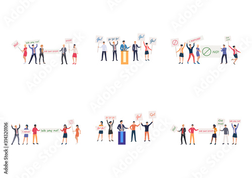 Set of public events illustrations. Flat vector illustrations of people protesting with placards or supporting candidate. Election concept for banner, website design or landing web page