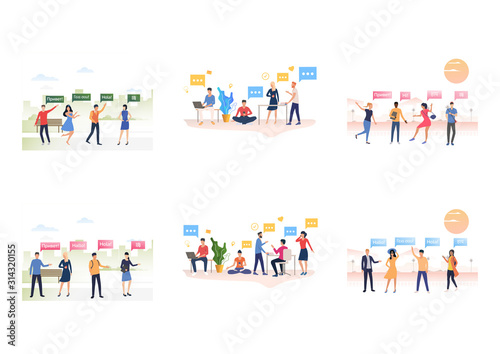Set of tourists waving hands and practicing foreign languages. Flat vector illustrations of cartoon characters speaking various languages. Travel concept for banner, website design or landing web page
