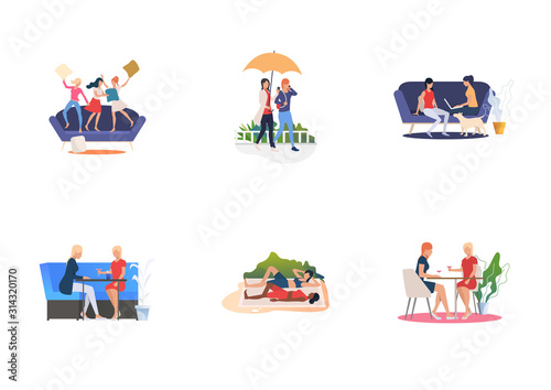 Set of women spending time together. Flat vector illustrations of women fighting with pillows, drinking, practicing yoga. Friendship, leisure concept for banner, website design or landing web page