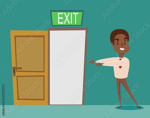 Man pointing with the the way out. Vector flat design illustration.