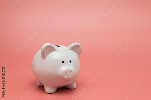 Piggy bank on pink pastel background with copy space for your design. Money saving concept.