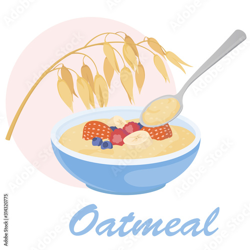 Plate of oatmeal with fruits and berries and spoon with porridge. Stock vector illustration. Healthy food design. Oat and oatmeal icon.
