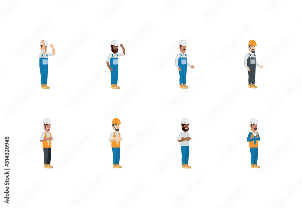 Isolated builder men with yellow and white helmet set vector design