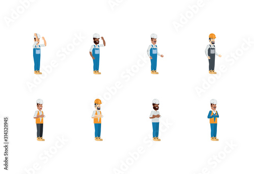 Isolated builder men with yellow and white helmet set vector design