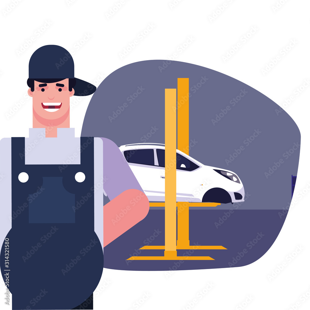 Repairman and car with overol in garage vector design Repairman and car with overol in garage vector design