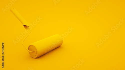 Yellow paint roller on yellow background. 3d rendering