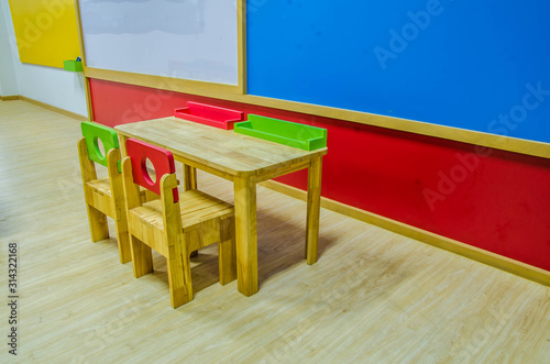 Desks and chairs in the kindergarten classroom. © Sarabua
