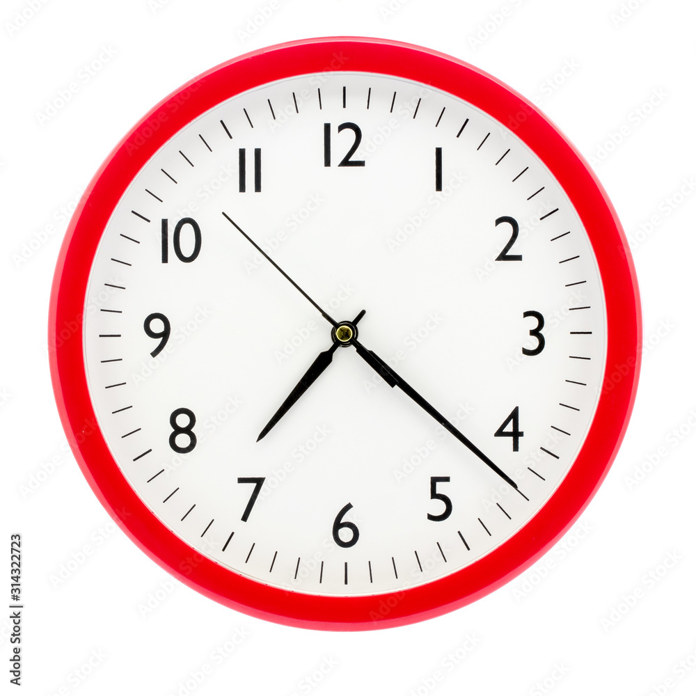 Clock with red round frame on white isolated background shows 7(19) hours 22 minutes_ Clock with red round frame on white isolated background shows 7(19) hours 22 minutes_