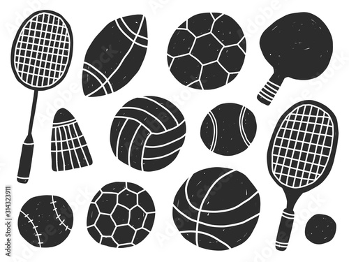 Sport items hand drawn vector silhouettes set. Equipment grunge sltyle collection. Soccer, baseball, football game, tennis, volleyball, badminton accessories design elements pack.