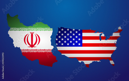 Map and flag of american and Iran, World war​ 3, USA and Iran conflict 2020 Middle East crisis. Iran versus USA, vector illustration.