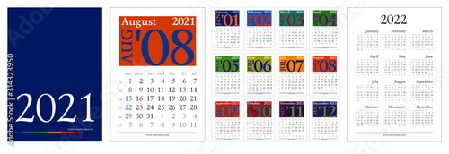  Classic gregorian calendar for 2021 year. A4 pages 210x297mm with creative font composition, rainbow elements. Week start sunday, elegant grid with Roman type, english language. Editable vector.