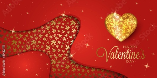 Happy Valentine's day vector background with heart and cannabis leaves