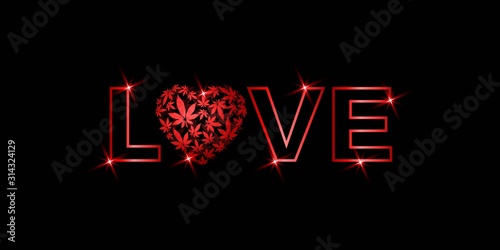 Happy Valentine's day vector background with heart and cannabis leaves