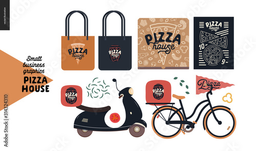 Pizza house - small business graphics - branded elements and delivery. Modern flat vector concept illustrations - branded tote bags, pizza box, menu blackboard, scooter, bicycle