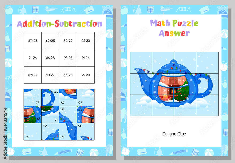 Naklejka premium Addition, Subtraction Math Puzzle Worksheet. Educational Game. Mathematical Game. Vector illustration.