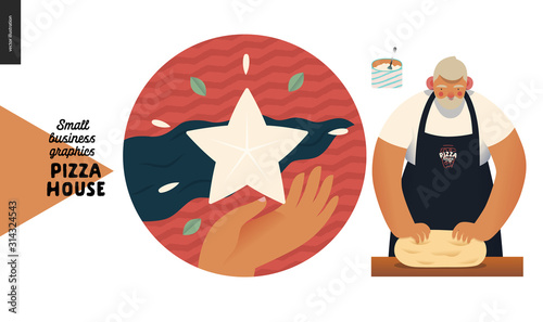 Pizza house - small business graphics - mission web icon. Modern flat vector concept illustrations - web icon - badge with a star, flag and a hand. Bearded baker wearing apron kneading dough