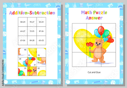 Addition, Subtraction Math Puzzle Worksheet. Educational Game. Mathematical Game. Vector illustration.