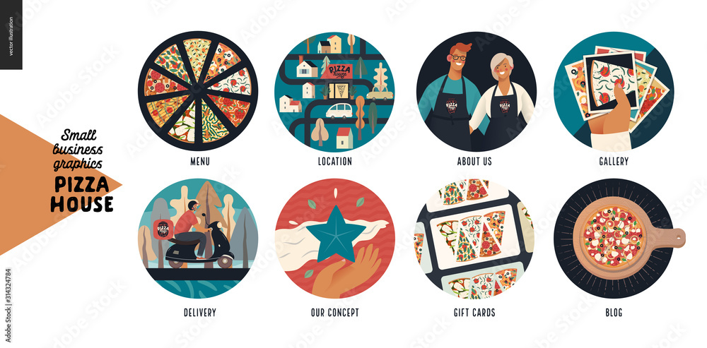 Pizza house - small business graphics - icons -modern flat vector concept illustration of website template elements -icons menu, location, about us, gallery, delivery, concept, gift cards, blog