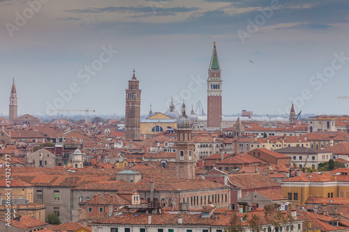 Aerial panorama of san Marco bell tower and houses, Venice, Italy