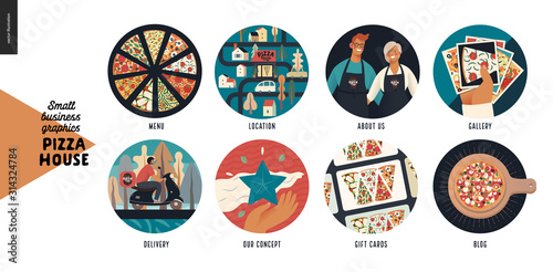 Pizza house - small business graphics - icons -modern flat vector concept illustration of website template elements -icons menu, location, about us, gallery, delivery, concept, gift cards, blog