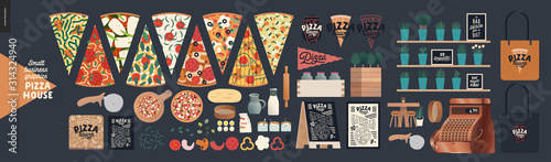 Pizza house -small business graphics -product range. Modern flat vector concept illustrations -pizza slices, delivery box, topping, dough, roller, menu on blackboard, rolling pin, flour, eggs, sieve