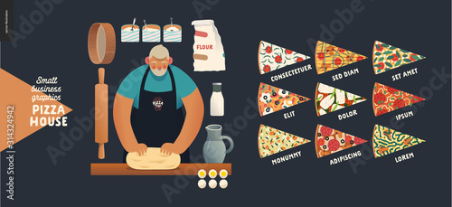 Pizza house -small business graphics -baker. Modern flat vector concept illustrations -a bearded man wearing a black branded apron kneadding the dough, ingredients, rolling pin, sieve, dough, topping