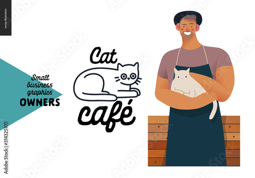 Cat cafe -small business owners graphics -owner with a cat. Modern flat vector concept illustrations - young man wearing apron and hat petting white cat, standing at the wooden counter. Cafe logo
