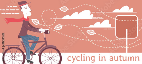 Cycling in autumn. Illustration of a man taking a bike ride on a windy autumn day.