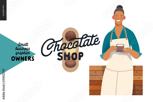 Chocolate shop -small business owners graphics -owner with a cup. Modern flat vector concept illustrations - young woman wearing white apron, standing at the wooden counter. Shop logo