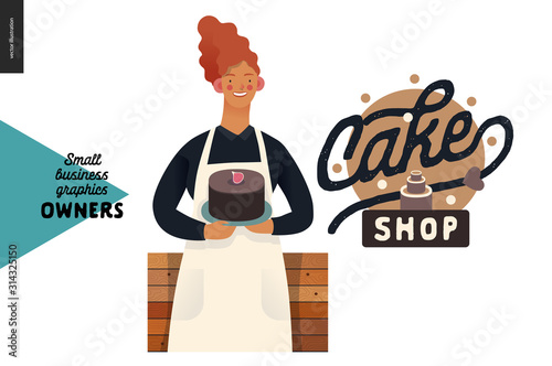 Cake shop -small business owners graphics -owner with a chocolate cake. Modern flat vector concept illustrations - young woman wearing white apron, standing at the wooden counter. Shop logo
