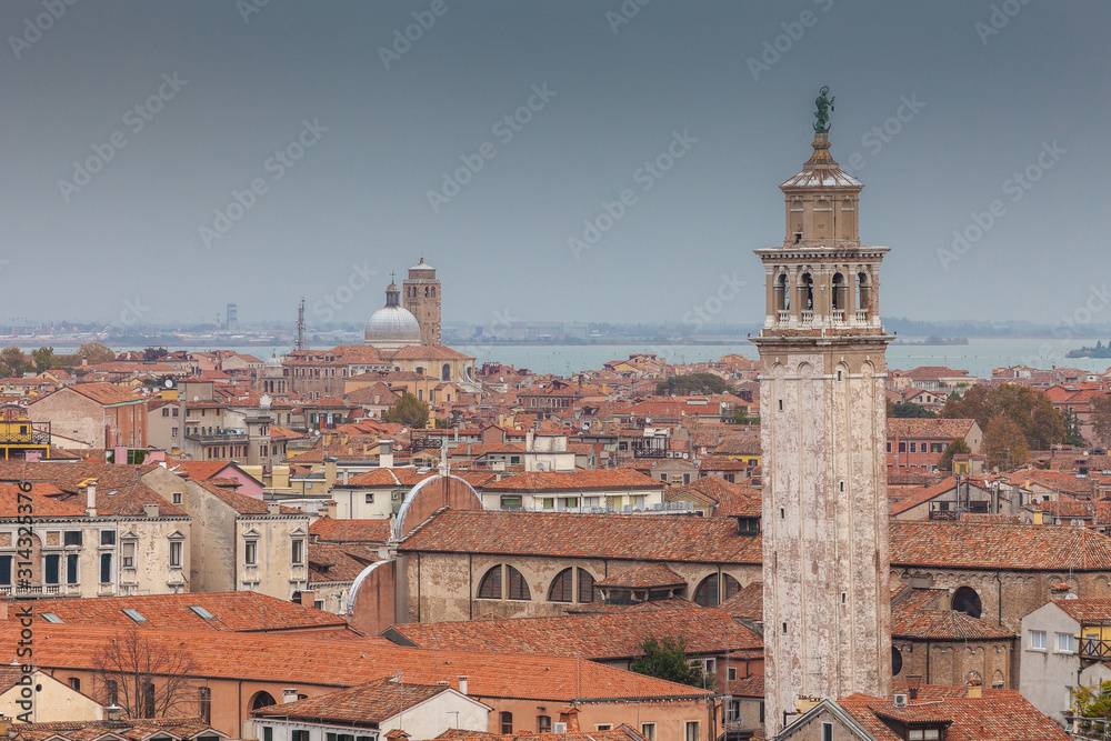 Aerial view of Venice, with Frari Basilica and San Geremia church, Italy