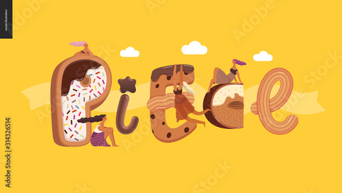 Dessert lettering - Piece - modern flat vector concept digital illustration of temptation font, sweet lettering and girls. Caramel, toffee, biscuit, waffle, cookie, cream and chocolate letters