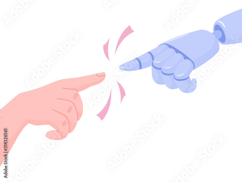 Robot and human hand reaching each other, trying to make a contact, symbol of connection, communication between people and artificial intelligence, vector illustration isolated on white background
