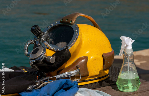 Hermanus, Western cape, South Africa. December 2019. Professional divers training course. Divers helmet.