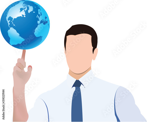 persona in camicia con dito alzato e pianeta terra