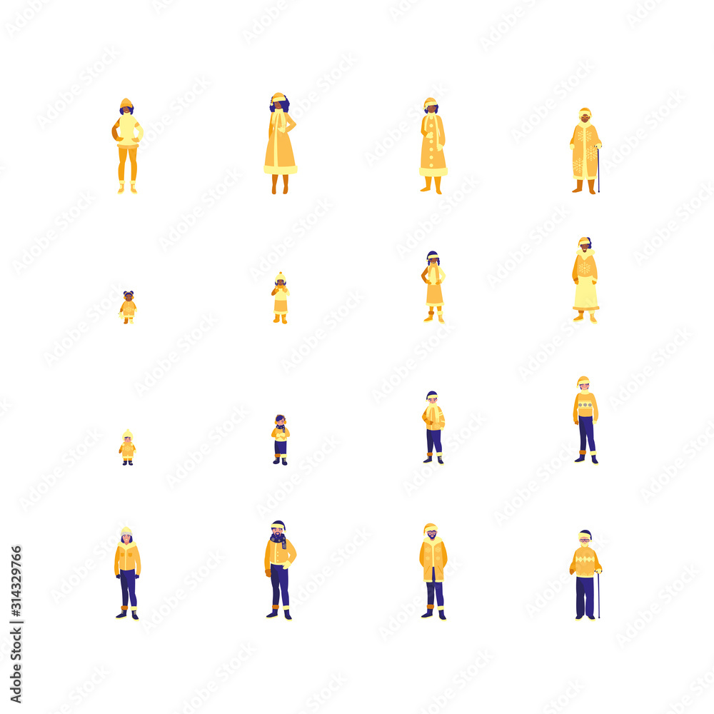 Isolated people avatars set with winter cloth vector design