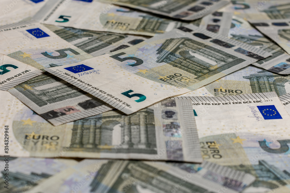 Texture with denominations of 5 euros, euro European currency. Texture with denominations of 5 euros, euro European currency.