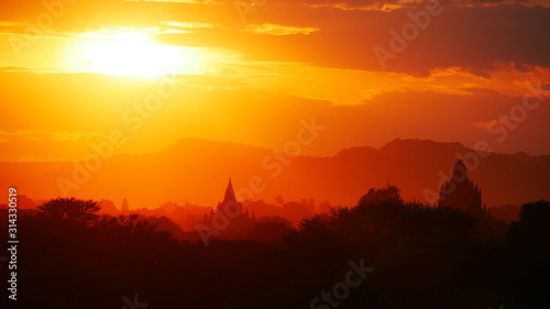 closeup of beautiful sunset over Bagan temple plain  Myanmar  Asia