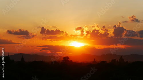 panorama of beautiful sunset over Bagan temple plain, Myanmar, Asia
