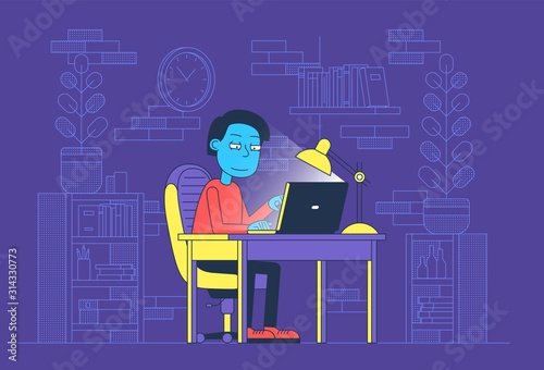 Freelancer worked at night in home office with laptop. Late work by a man at the computer. Vector illustration.