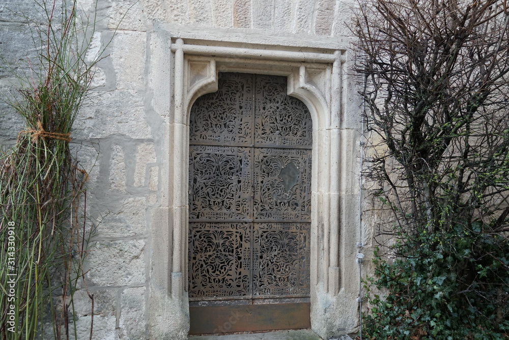 Metal  entrance door with smithing or wrought metal decoration in a white stone wall surrounded by leafless bushes, ivy and rose bushes in winter, like in a castle of Sleeping Beauty. 