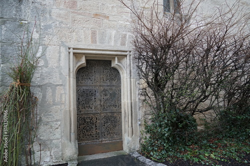 Metal  entrance door with smithing or wrought metal decoration in a white stone wall surrounded by leafless high bushes  ivy and rose bushes in winter  like in a castle of Sleeping Beauty. 