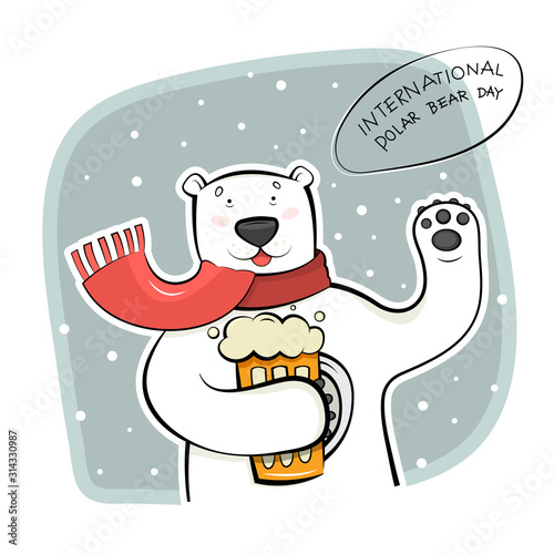 International polar bear day. A wild animal with a mug of beer in its paws. Vector illustration of a Northern resident on a white background.